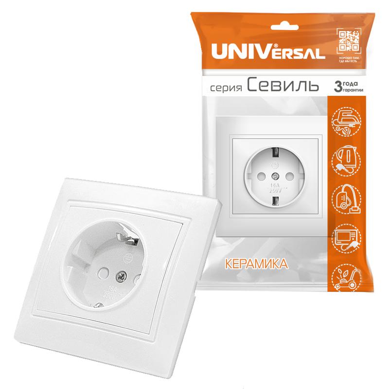 Розетка 1-м СП Севиль 16А IP32 с заземл. защ. шторки бел. UNIVersal С0049