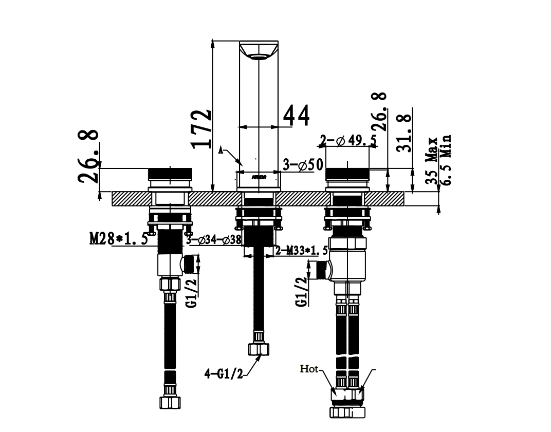 Смеситель для раковины на 3 отверстия ARROW AMP23872CP , хром