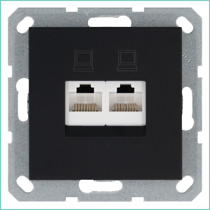 Розетка компьютерная 2-м RJ45 IP20 кат. 6 механизм черн. матов. soft touch Jasmart G6108PB