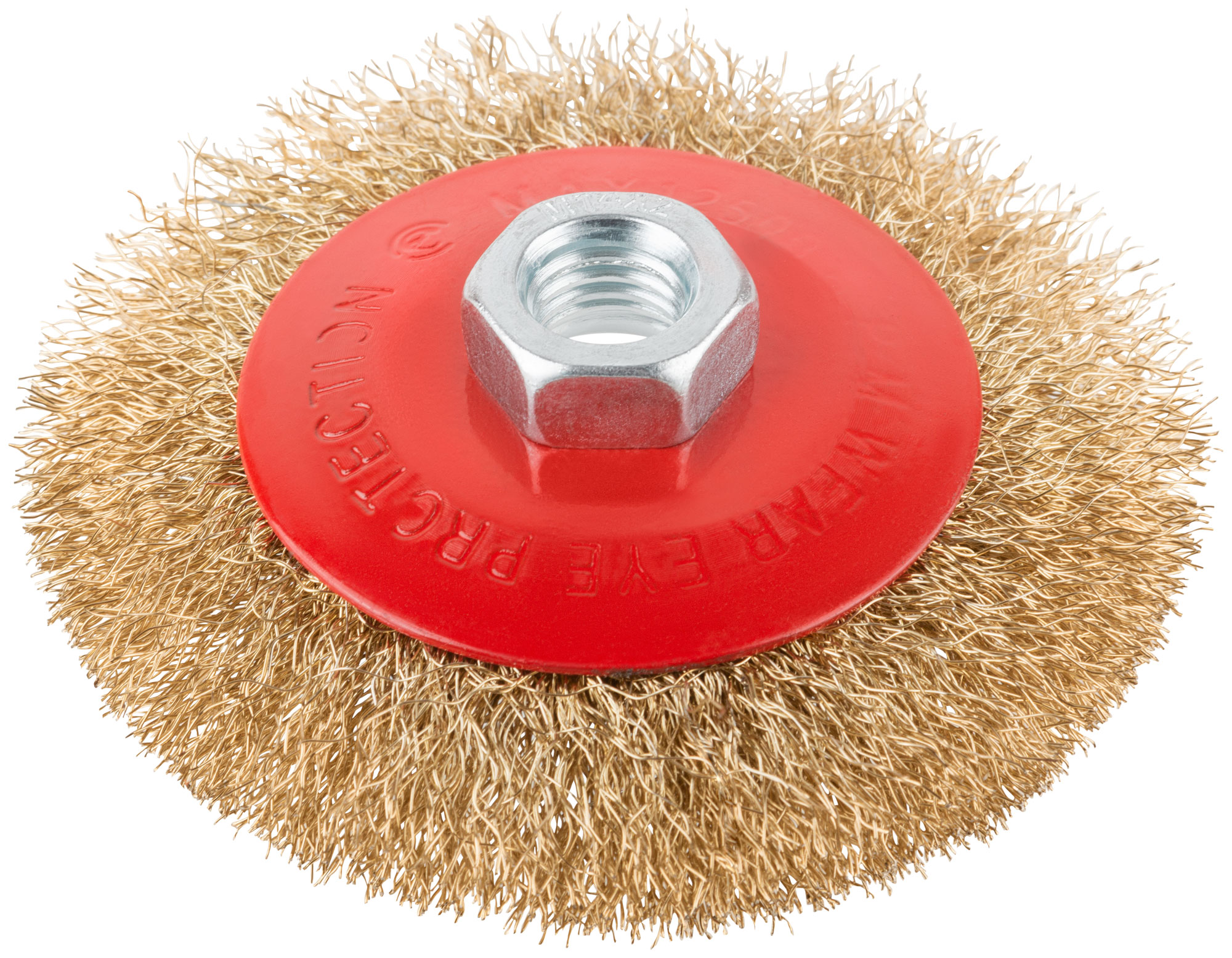 Корщетка-колесо с наклоном, гайка М14, стальная волнистая латунированная проволока 100 мм