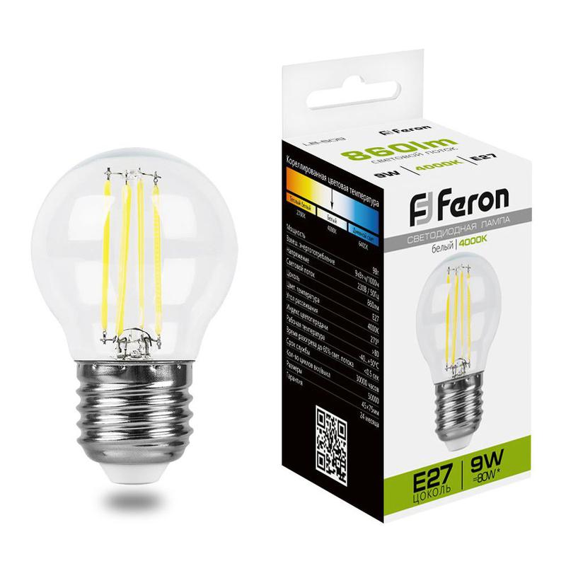 Лампа светодиодная 9Вт 230В E27 4000К прозрачн. LB-509 FERON 38004