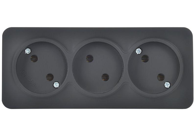 Розетка 3-м ОП GLORY РС23-2-ХЧм 10А без заземл. без защ. шторок черн. матов. IEK ERH30-K02M-10