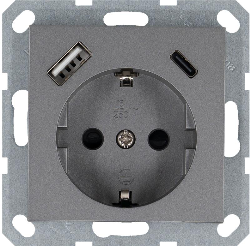 Розетка Shuko 16А с заземл. защ. шторки с 2-мя заряд. устройствами USB тип A+C 25Вт механизм алюм. Jasmart G5501USB-25S