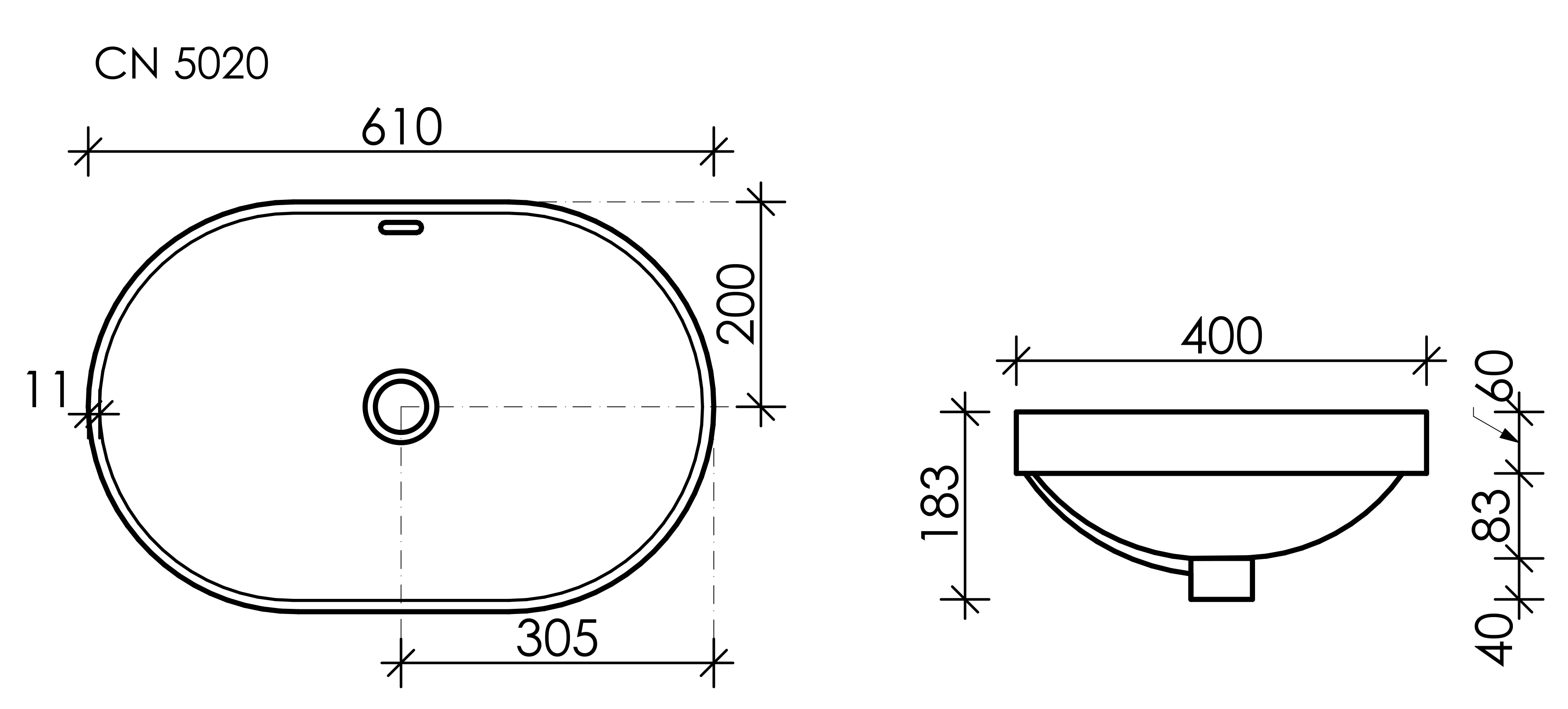 Умывальник овальный встраиваемый сверху в столешницу Element 600*400*195мм, CN5020