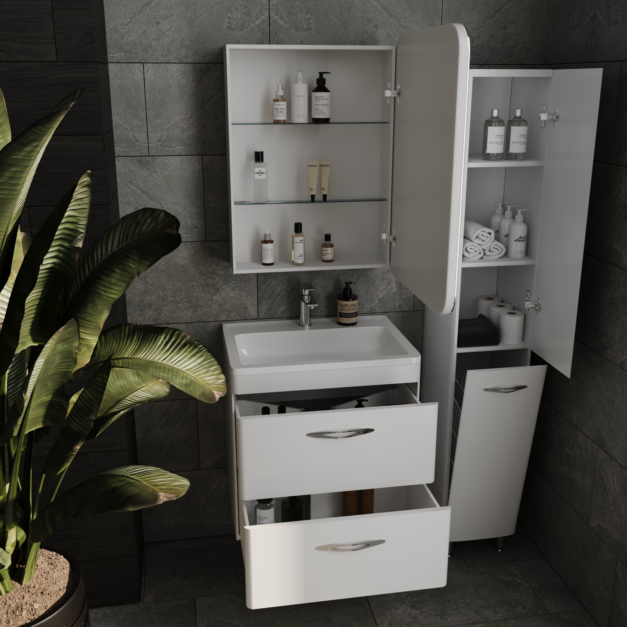 Тумба подвесная "Каре 60" (2 ящ.) Люкс белая, PLUS