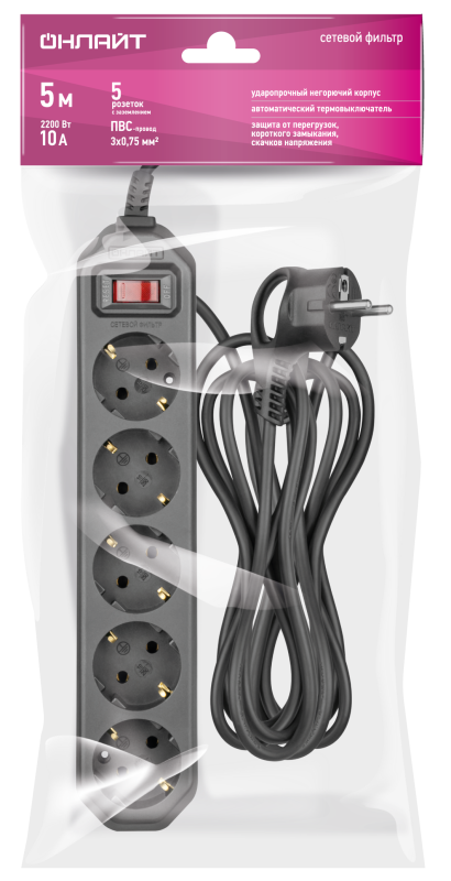 Удлинитель с сетевым фильтром 5х5м 10А IP20 2.2кВт ПВС 3х0.75 с выкл. с инд. сети черн. ОНЛАЙТ 90782