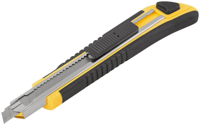 Нож технический 9мм усиленный прорезиненный кассета 3 лезвия FIT 10213