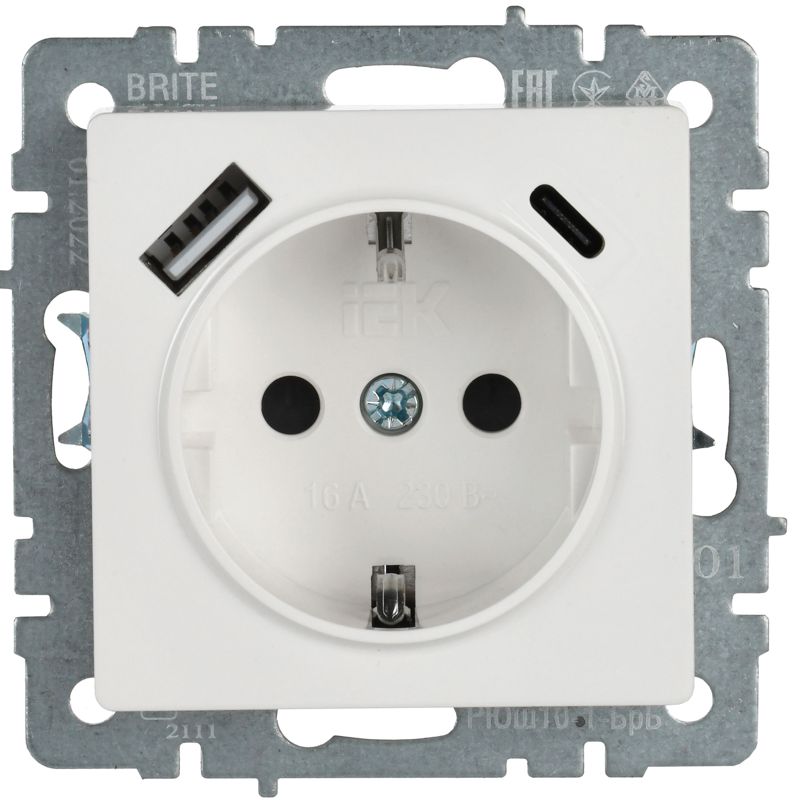 Розетка BRITE РЮш11-1-БрБ 16А с USB A+C 18Вт с заземл. защ. шторки механизм бел. IEK BR-R14-16-U22-018-K01