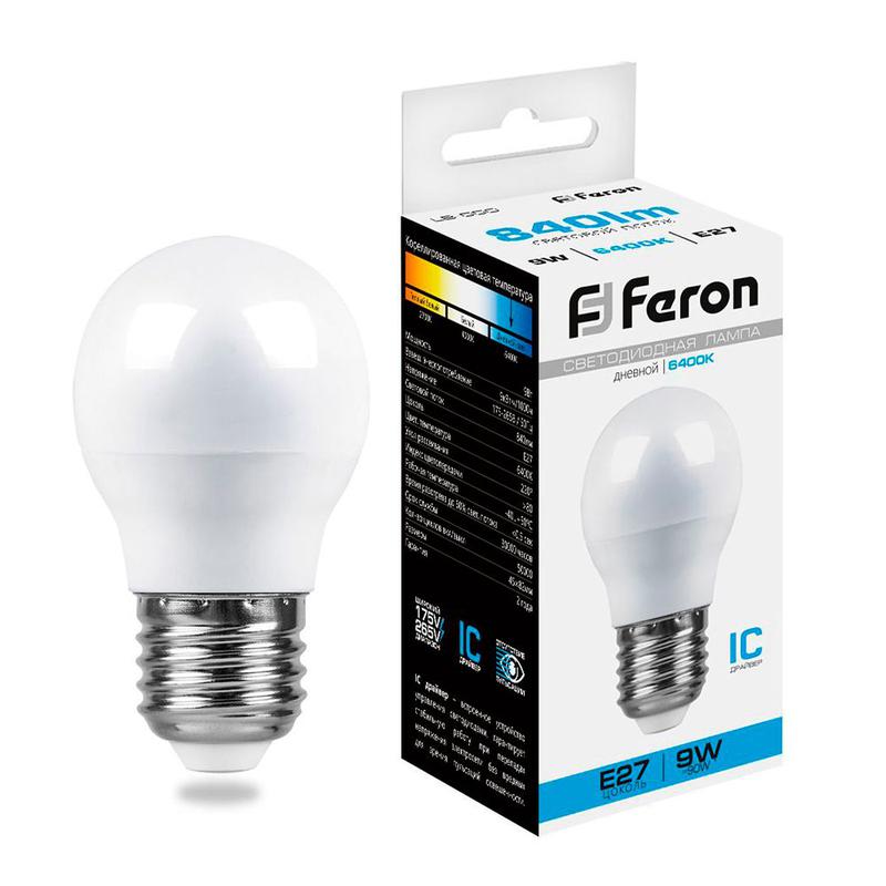 Лампа светодиодная 9Вт 230В E27 6400К G45 LB-550 FERON 25806