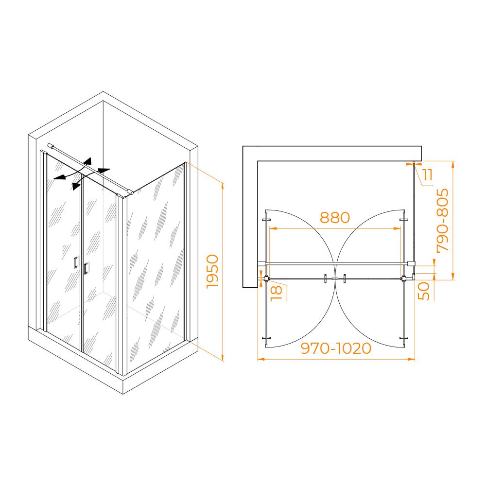 Душевой уголок RGW PA-144B (PA-104B+Z-050-2B+O-104B), 060814408-014