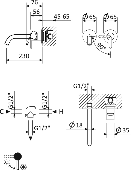 Смеситель для раковины встраиваемый CEZARES LEAF-BLI2-L-NOP