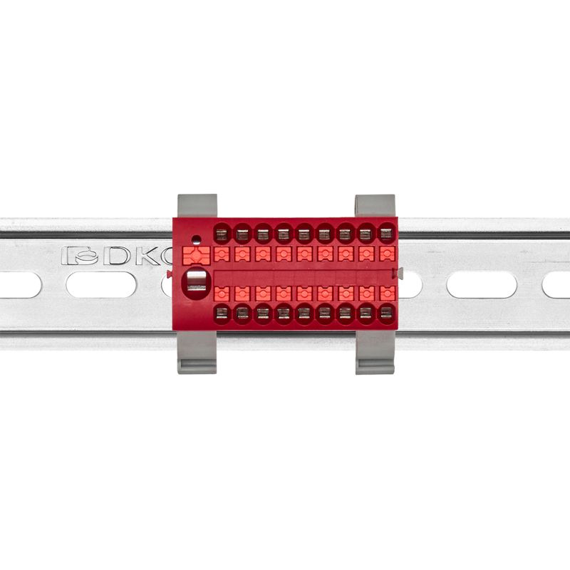 Блок распределительный с горизонт. адаптером на рейку шир. 35мм зажим push-in 1 ввод 6кв.мм 18 точек подключения 2.5кв.мм красн. DKC DTP1-118-104SPUR-H