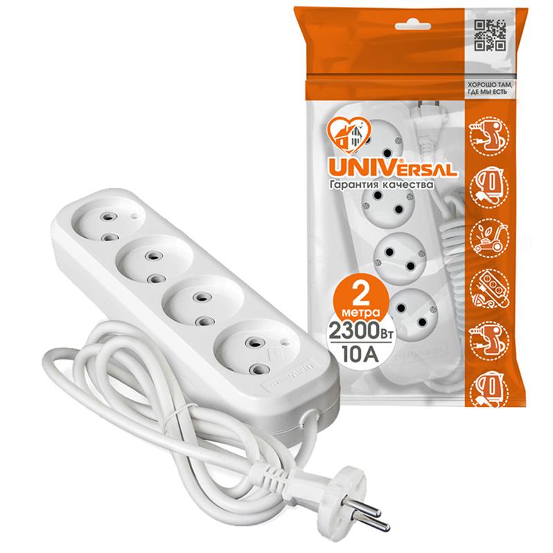 Удлинитель 4х2м без заземл. 10А IP20 Е-204 ПВС 2х0.75 АБС-пластик UNIVersal 9634266