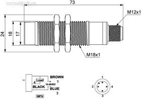 Датчик индуктивный (NPN-НО) разъем M12х3 (расс. сраб. 5мм 800Гц) скрытый мотаж 10-30В DC IP67 EMAS SIM18FM1NSX