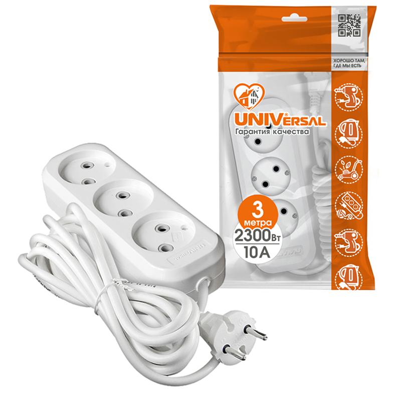 Удлинитель 3х3м без заземл. 10А IP20 Е-203 ПВС 2х0.75 АБС-пластик UNIVersal 9631964