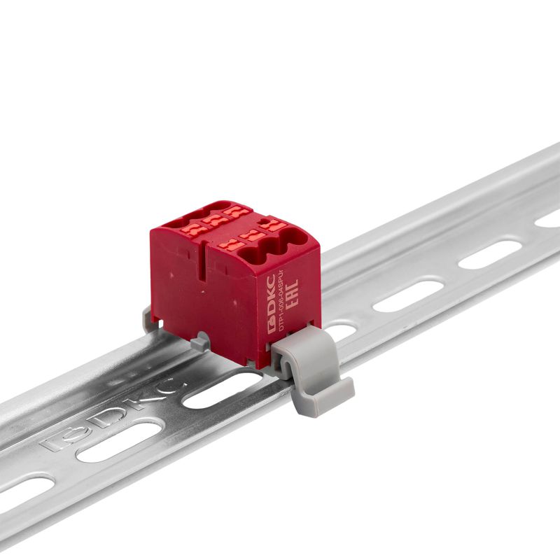 Блок распределительный с горизонт. адаптером на рейку шир. 35мм зажим push-in 6 точек подключения 2.5кв.мм красн. DKC DTP1-006-04SPUR-H