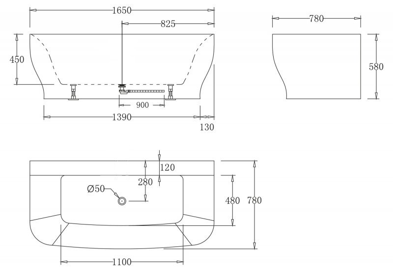 Акриловая ванна без перелива BELBAGNO BB74-1650-W0, 1650x780x590