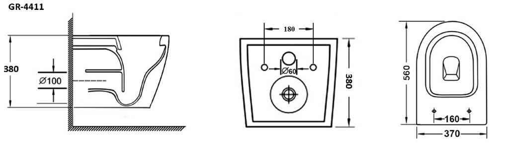 Унитаз gr-4411sq (520*360*375) подвесной, безободковый,