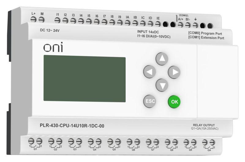 Модуль ЦПУ ПЛК 430 8 DI 6 UI (0-10В/DI) 10 RO 24В DC с экраном ONI PLR-430-CPU-14U10R-1DC-00