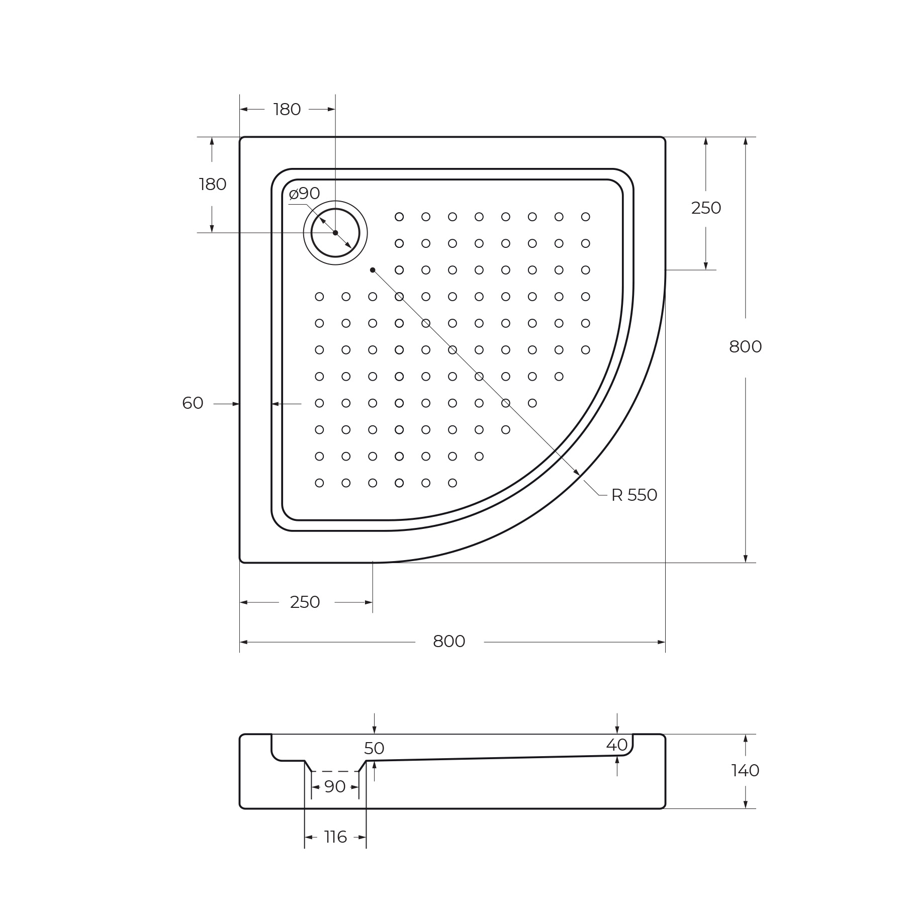 Акриловый поддон CEZARES TRAY-A-R-80-550-15-W