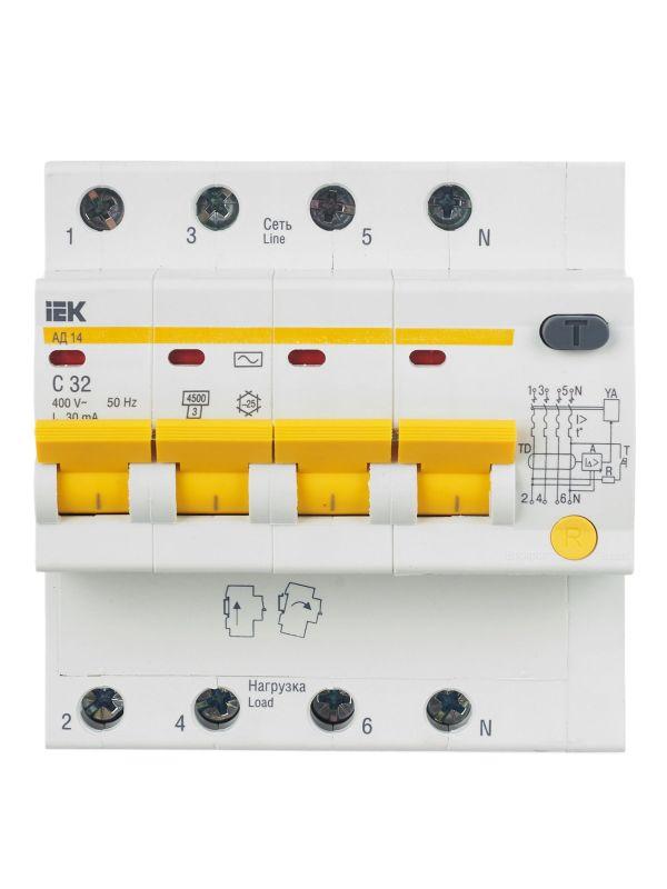 Выключатель автоматический дифференциального тока 4п C 32А 30мА тип AC 4.5кА АД-14 KARAT IEK MAD10-4-032-C-030