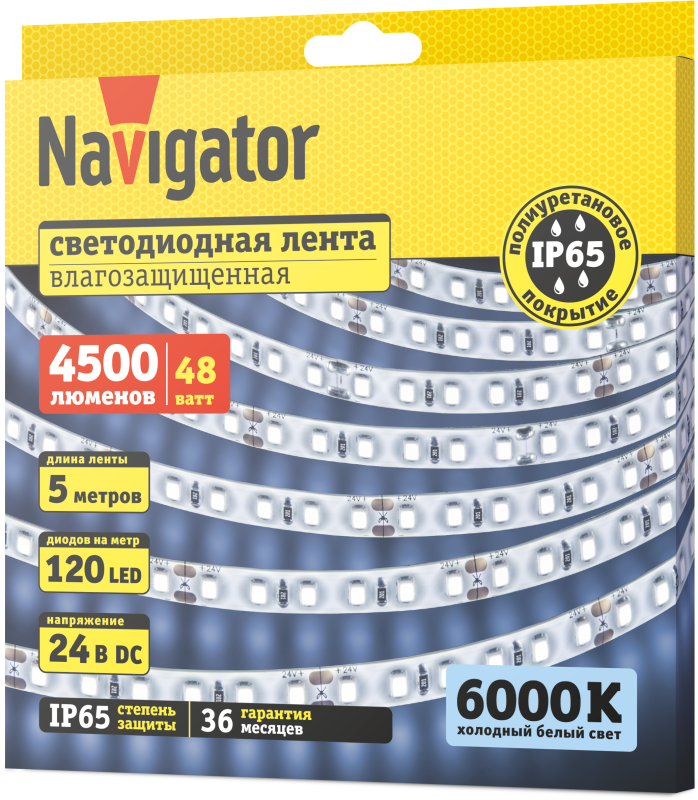 Лента светодиодная 95 297 NLS-2835CW120-9.6-IP65-24V (уп.5м) Navigator 95297
