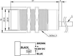 Датчик индуктивный (PNP-НЗ) кабель 2мх3 (расс. сраб. 15мм 200Гц) выступающий 10-30В DC IP67 EMAS SIM30NM1RC2