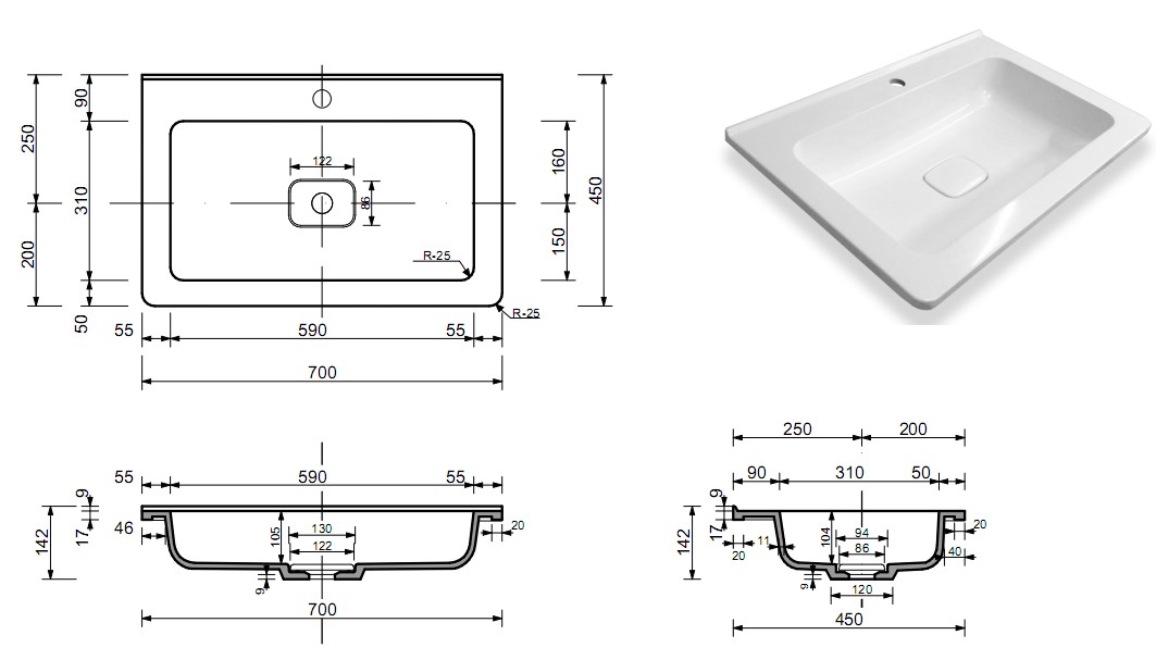 Тумба подвесная "Каре 70" (2 ящ.) Люкс белая, PLUS
