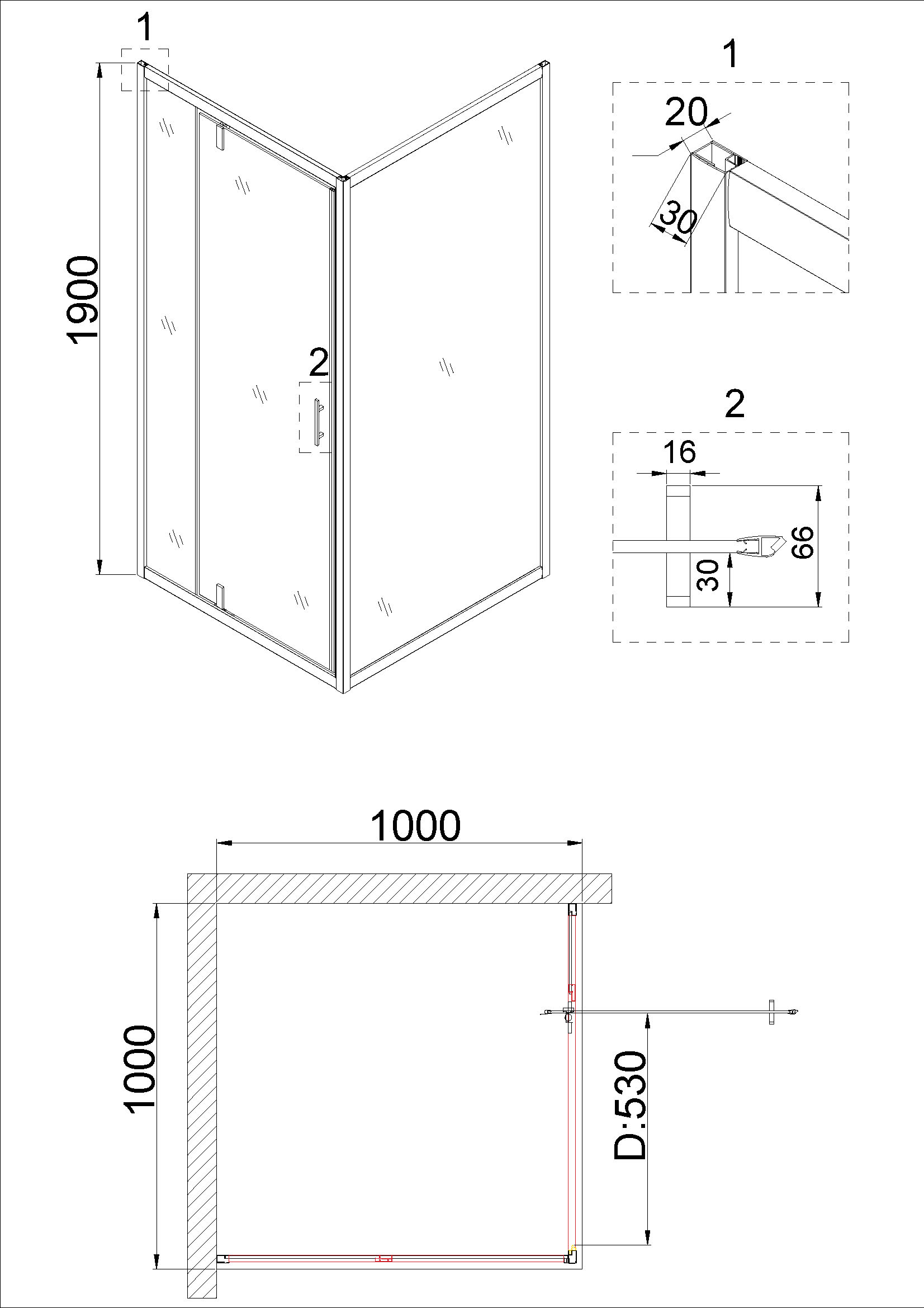 Душевое ограждение NG-0200-08 BLACK (1000х1000х1950) квадрат, дверь распашная