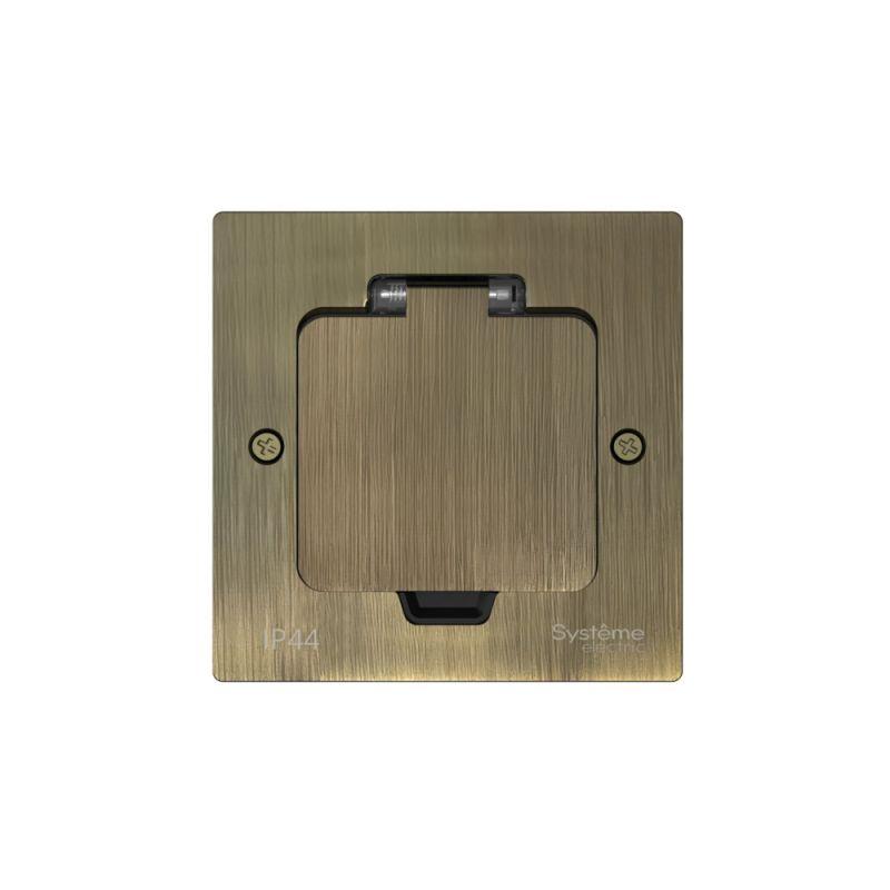 Лючок MultiDesk MDK21 с розеткой 2P+E 16А 250В IP44 с монтажной коробкой для стены фальшпола стола античная латунь SE MDK21102BA