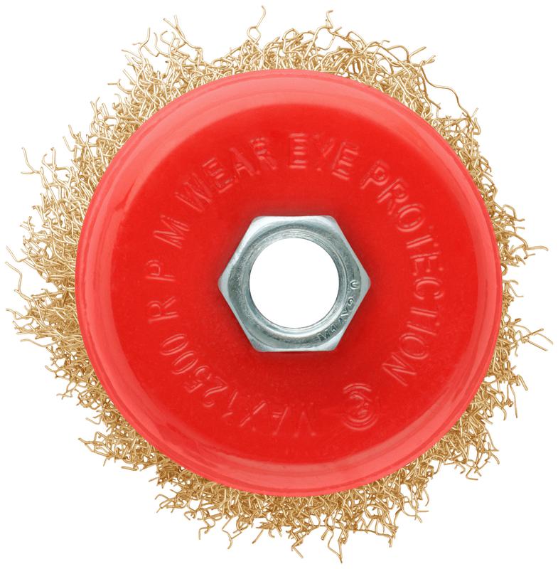 Корщетка-чашка гайка М14 стальная латунированная волнистая проволока 75мм блистер КУРС 39092