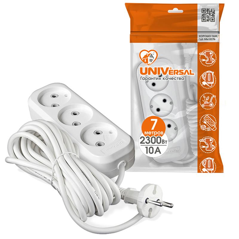 Удлинитель 3х7м без заземл. 10А IP20 Е-203 ПВС 2х1 АБС-пластик UNIVersal 9631966