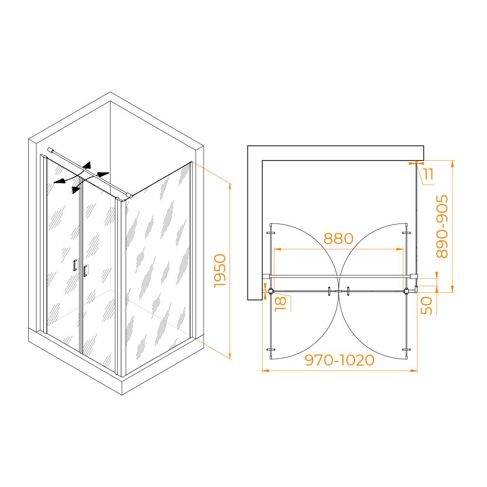 Душевой уголок RGW PA-144B (PA-104B+Z-050-2B+O-104B), 060814409-014