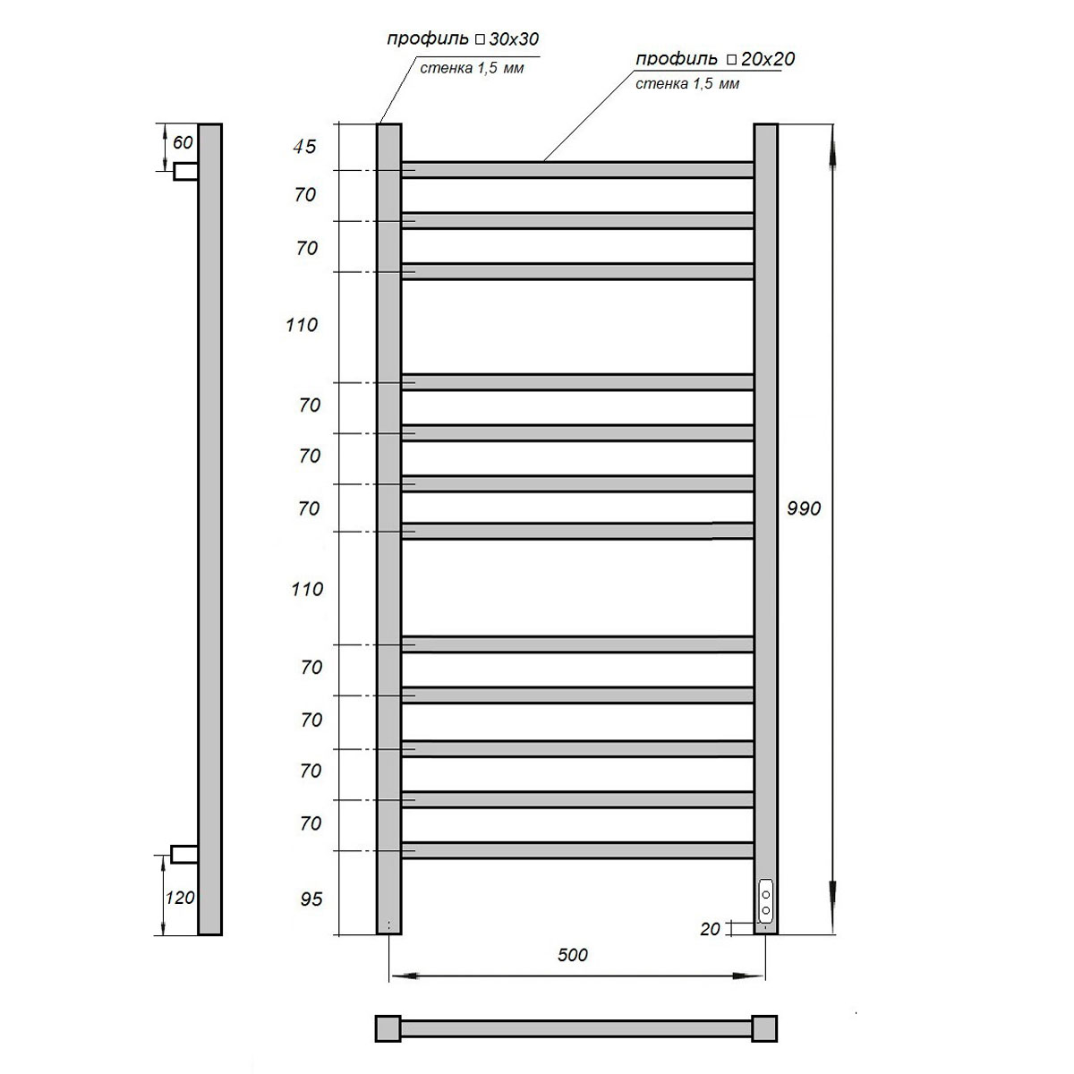 Полотенцесушитель электрический Point Вега PN71850 П12 500x1000, диммер справа, хром