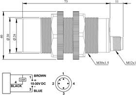 Датчик емкостный (NPN-НЗ) разъем M12х3 (расс. сраб. 3-15мм) выступающий пластик 10-30В DC IP65 EMAS SCM30NP1OSX