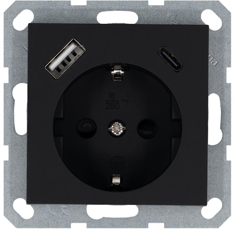 Розетка Shuko 16А с заземл. защ. шторки с 2-мя заряд. устройствами USB тип A+C 25Вт механизм черн. матов. soft touch Jasmart G5501USB-25PB