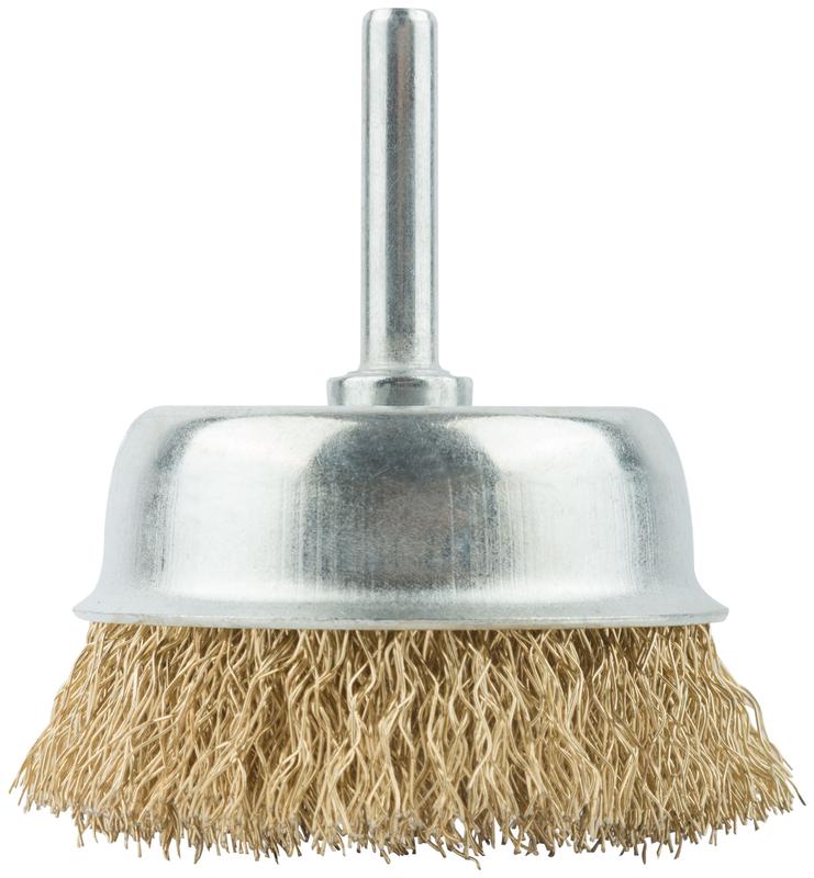 Корщетка тип "чашка" со штифтом стальная латунированная волнистая проволока 65мм MOS 38487М