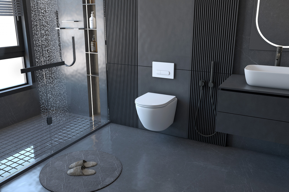 Комплект ABBER унитаз AC1100 белый с инсталляцией AC0105 и кнопкой AC0121 хром, биде AC1150 с инсталляцией AC0101P