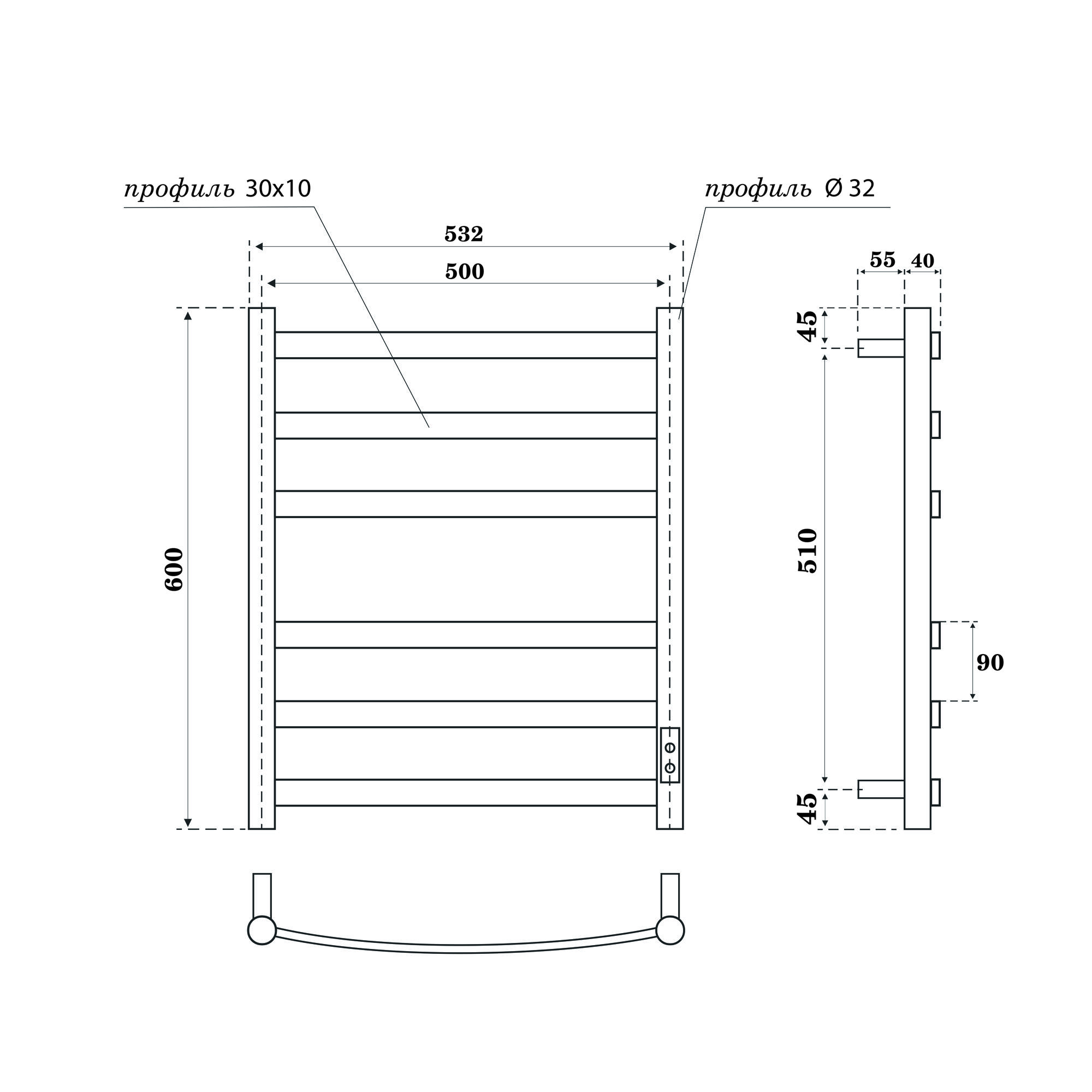 Полотенцесушитель электрический Point Антея PN17856W П6 500x600, диммер справа, белый