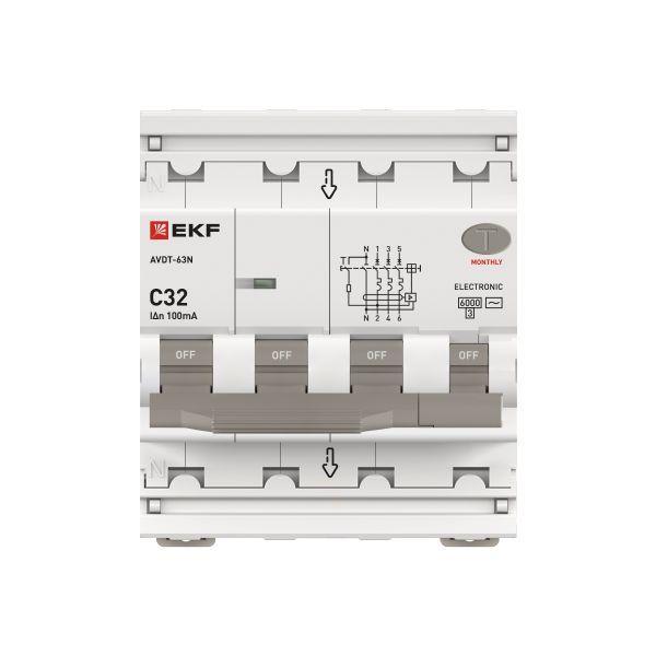 Выключатель автоматический дифференциального тока 4п (3P+N) C 32А 100мА тип AC 6кА АВДТ-63N электронный PROxima EKF D63N46E32C100