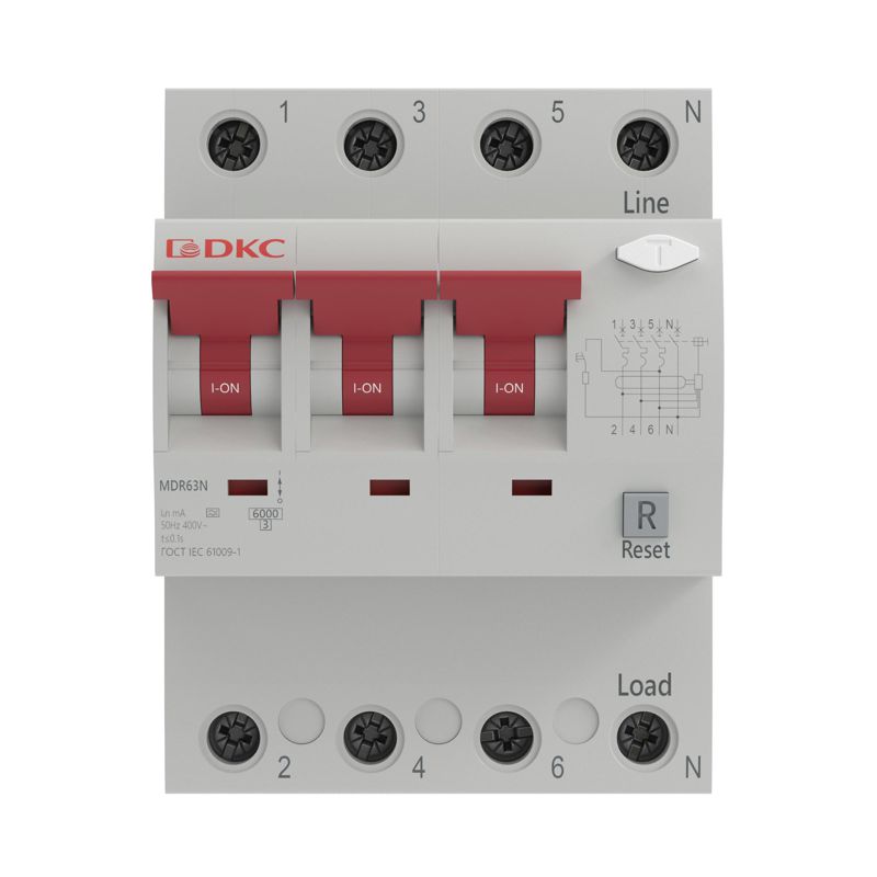 Выключатель автоматический дифференциального тока 4п (3P+N) D 6А 10мА тип A 6кА YON max MDR DKC MDR63N-3N1D6-A