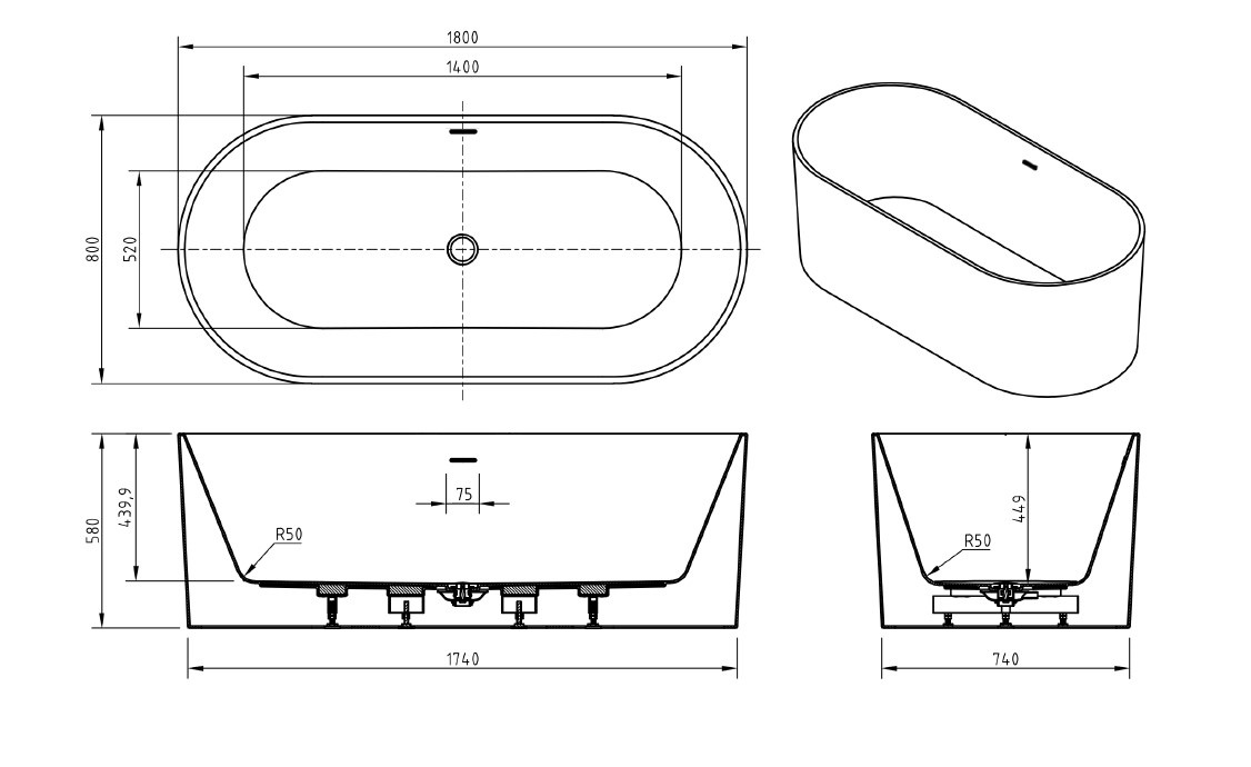 Акриловая ванна BELBAGNO BB705-1800-800