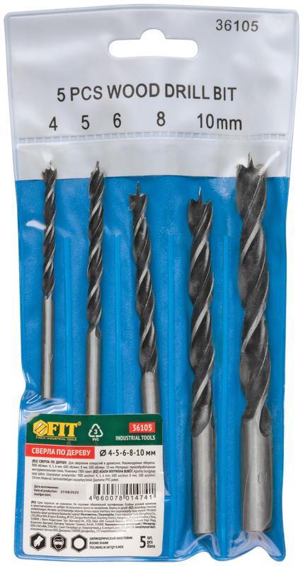 Набор сверл по дереву ПВХ конверт 5шт (4-5-6-8-10мм) FIT 36105