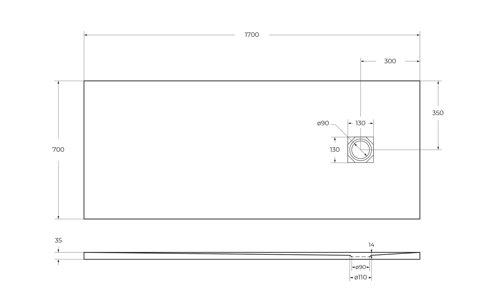 Душевой поддон из искусственного мрамора в комплекте с сифоном BelBagno UNO TRAY-MR-UNO-AH-170/70-35-W-CR