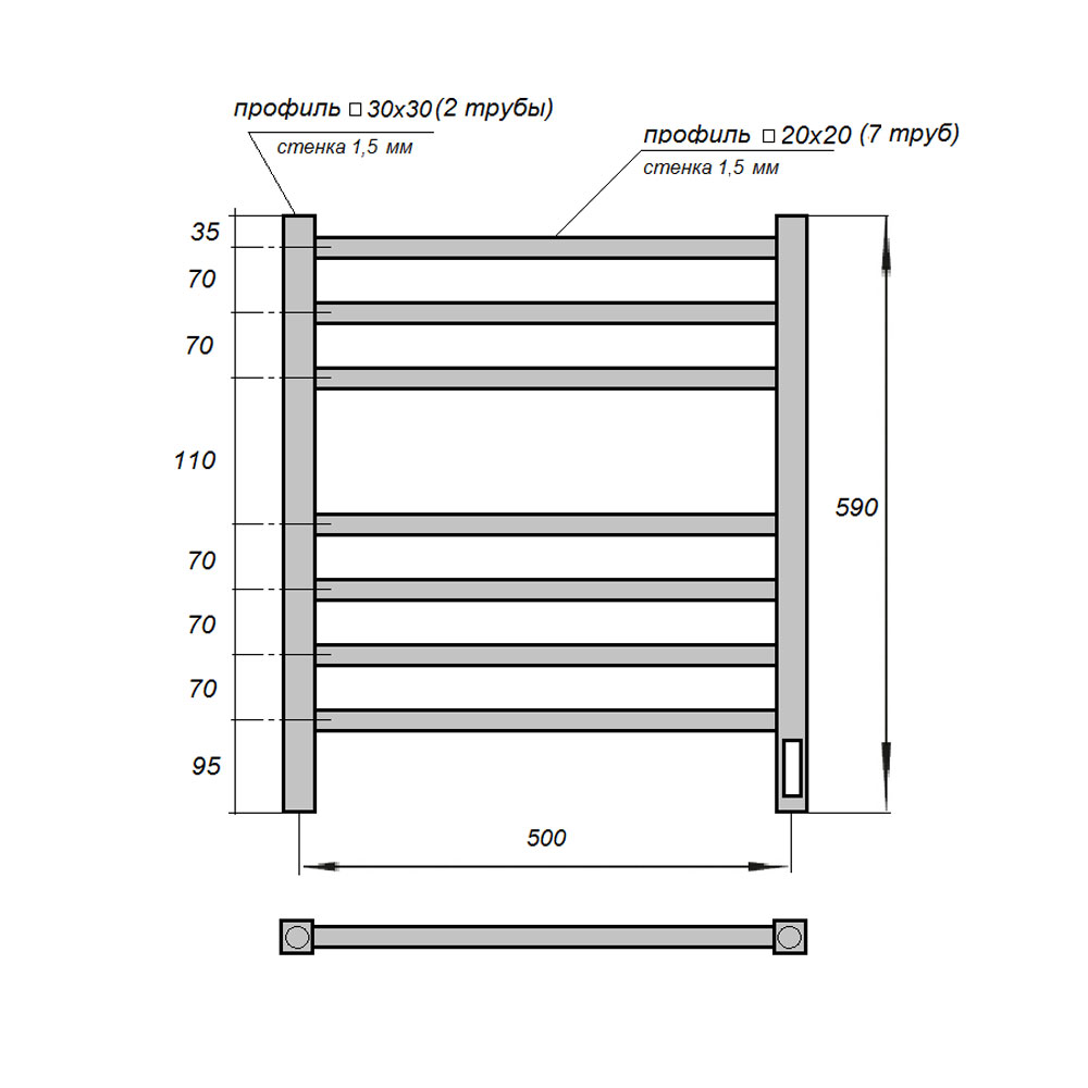 Полотенцесушитель электрический Point Вега PN71856B П7 500x600, диммер справа, черный