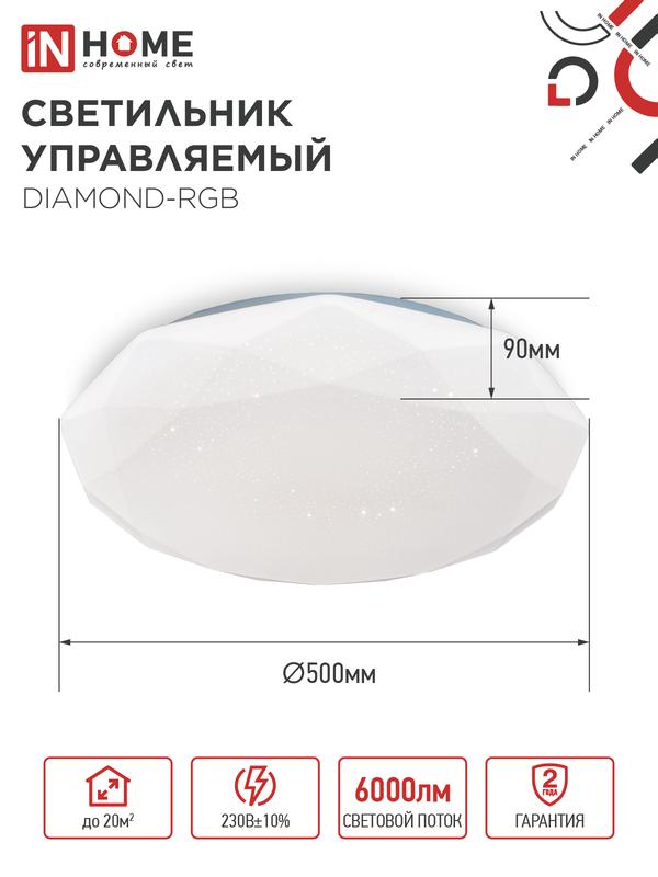 Светильник светодиодный COMFORT DIAMOND-RGB 75Вт 3000-6500К 6000лм 230В 500х90мм с пультом ДУ IN HOME 4690612044583