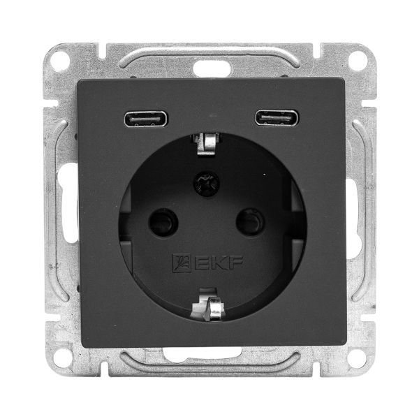 Розетка СП Эпика 16А с 2 USB-C с заземл. защ. шторки механизм черн. EKF UP1-SOB-111-2USBC