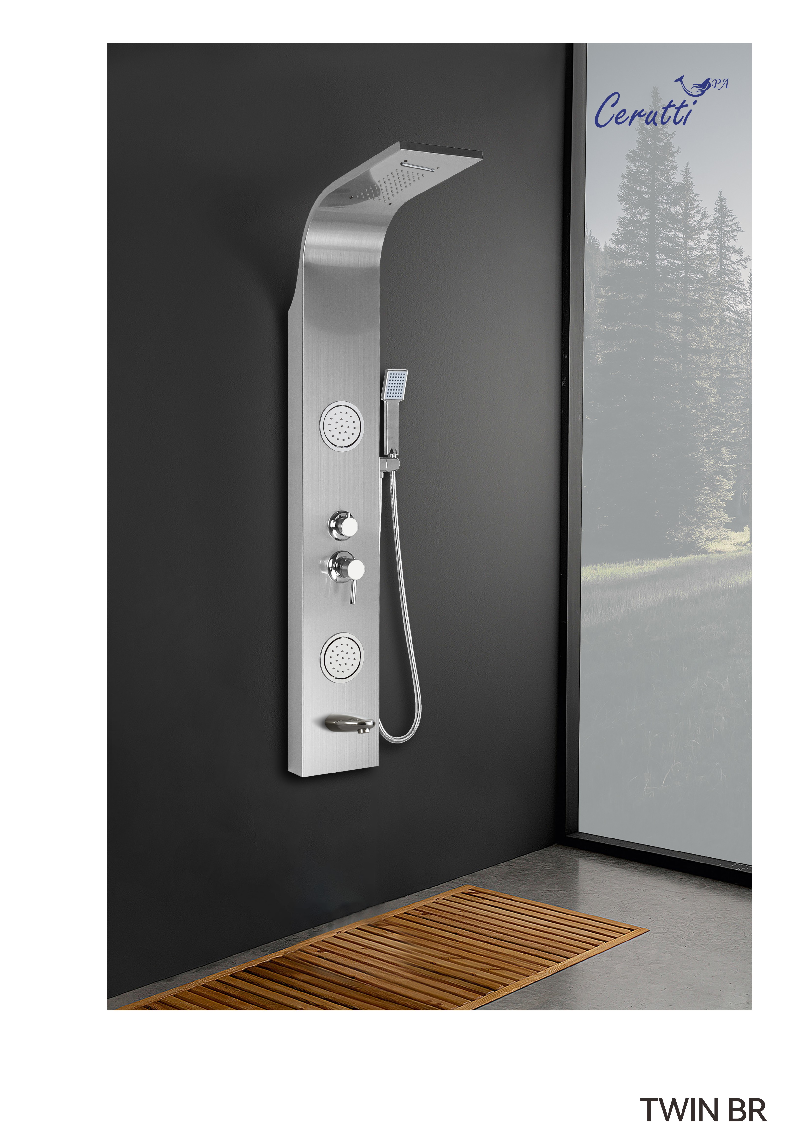 Панель TWIN BR душевая из нержавеющей стали с форсунками Ceruttispa CT9988, цвет матовая нержавеющая сталь