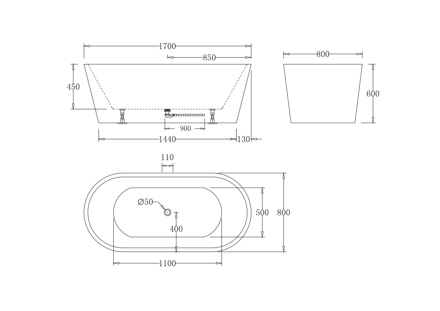 Акриловая ванна без перелива BELBAGNO BB71-1700-NERO-W0, 1700x800x600