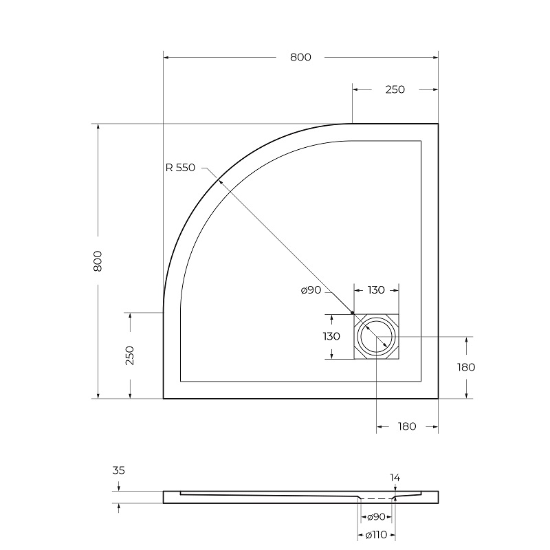 Душевой поддон из искусственного мрамора в комплекте с сифоном BelBagno UNO TRAY-MR-UNO-R-80-550-35-W-CR